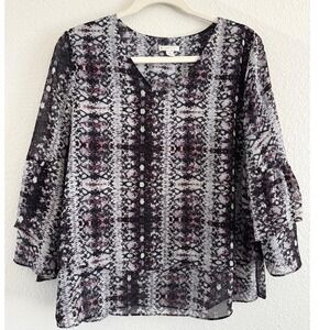Est. 1946 Womens Snake Print Chiffon Blouse V-Neck Tiered Ruffle Sleeve Top M